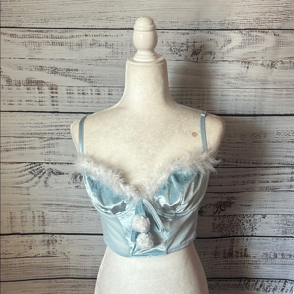 Sugar Thrillz Light Blue Bralette with Fur Accent size large